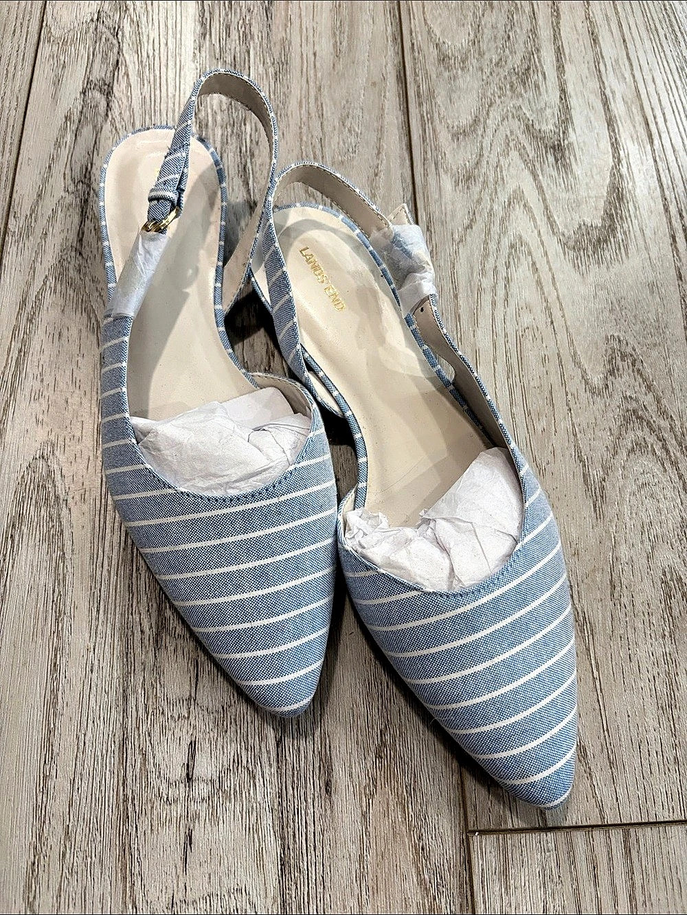 Land’s  End Striped Slingback Heels in Blue & White New
